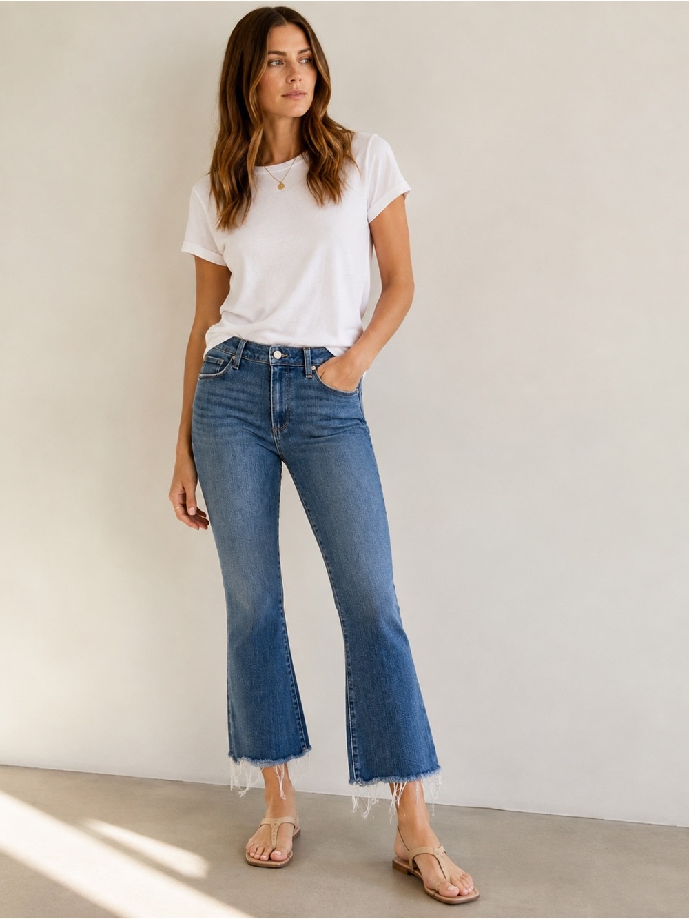 PAIGE Rory Crop Flare Jeans Size 29 Raw Hem Medium Wash